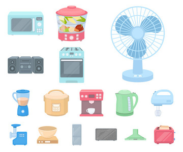 家用電器的類型黑色圖標集合中的設計。廚房設備矢量符號庫存 web 插圖